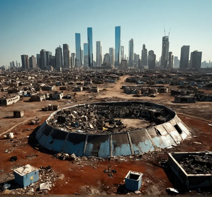 A barren wasteland under a dome city where a small group scavenges the cracked earth for food and water, surrounded by glittering skyscrapers in the distance, creating a scene of poverty and opulence, captured with cinematic quality by an Arri Alexa Mini, ...