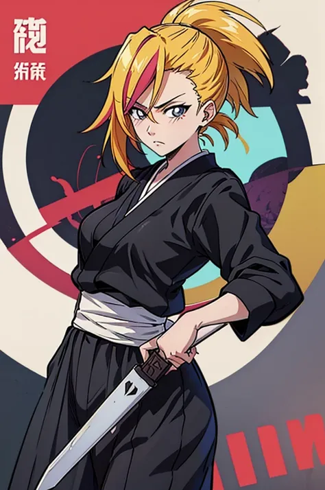 a drawing of a woman in a black outfit holding a sword, blonde, cute, inspired by kusumi morikage, inspired by kanō hōgai, inspi...