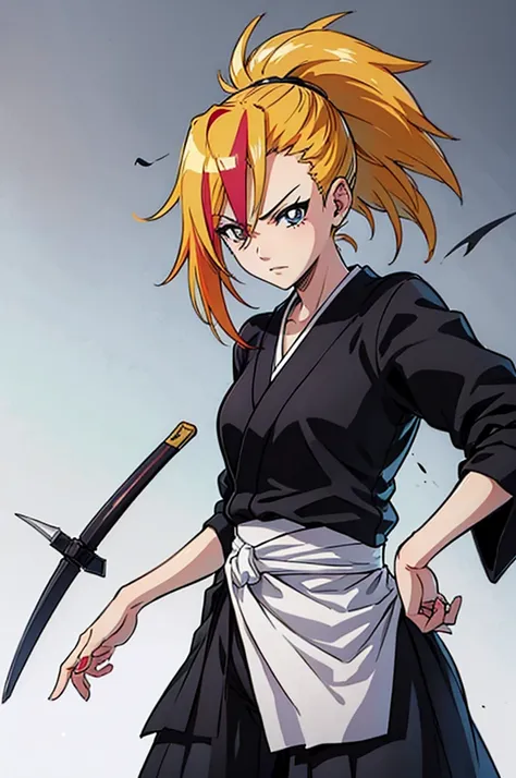 a drawing of a woman in a black outfit holding a sword, blonde, cute, inspired by Kusumi Morikage, inspired by Kanō Hōgai, inspired by Kano Sanraku, inspired by Kawabata Ryūshi, Female Samurai, Japanese anime style, anime style character