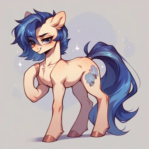 My little pony OC, wild pony, cuddly, masculine gender but with a somewhat feminine appearance, wearing a feminine outfit, full body, femboy