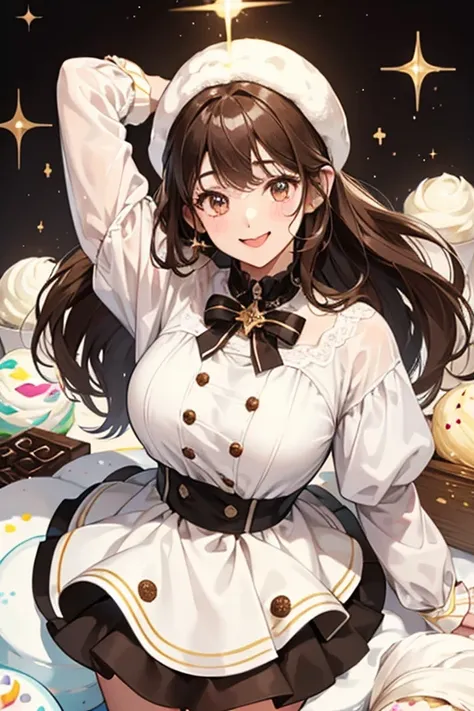 A white ice cream GIRL bear with dark chocolate-brown ears. She has basic eyes with a brown nose and a smiling face with her tongue out. A huge amount of white cream sits atop of her head, decorated with chocolate sprinkles. SPARKLE; GLITTER