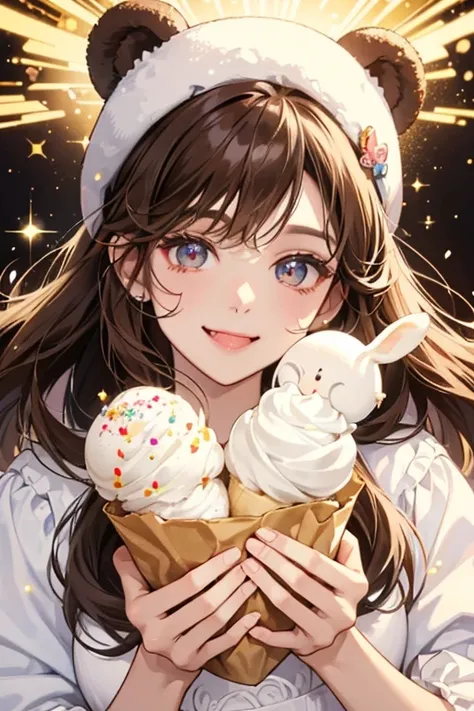 A white ice cream GIRL bear with dark chocolate-brown ears. She has basic eyes with a brown nose and a smiling face with her tongue out. A huge amount of white cream sits atop of her head, decorated with chocolate sprinkles. SPARKLE; GLITTER