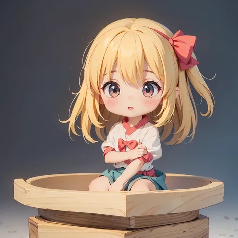  Super Chibi Character：1.8、wearing cute sandals、background：Simple all over、Blonde Hair、Cute 7 year old girl、Random cute outfits、Short legs、Sandals with ribbon、Bowing the head、Bowing the head、Bowing the head、