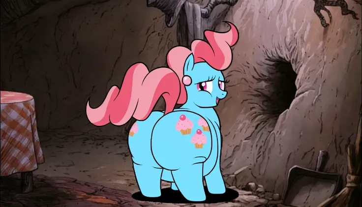 there is a cartoon pony standing in a cave with a table, pinkie pie equine, pinky pie my little pony, pinkie pie as a sith lord, pinkie pie, pony facing away, anthropomorphic mare, her hair is in a pony tail, windy mane, cutie mark, neon hooves, oversized_...