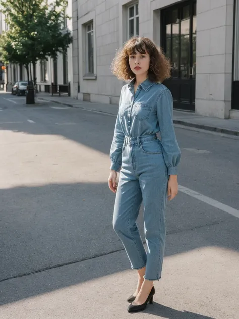 her name is Amelie, high quality, 1girl, ((25-year-old fit Caucasian woman)), ((25 years old)), ((BODY TYPE: HOURGLASS)), ((Curly Bangs)), pose: standing, wearing Well-dressed ULTRA MODERN Generation-Z modern wear VARIETY colored, BACKGROUND:  "Walking alo...