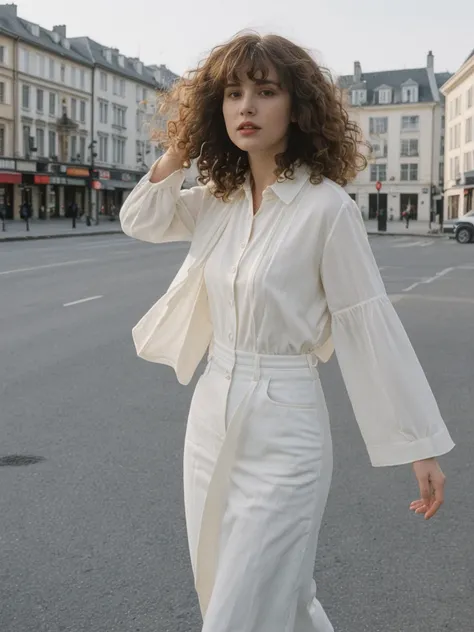 her name is Amelie, high quality, 1girl, ((25-year-old fit Caucasian woman)), ((25 years old)), ((BODY TYPE: HOURGLASS)), ((Curly Bangs)), pose: standing, wearing Well-dressed ULTRA MODERN Generation-Z modern wear VARIETY colored, BACKGROUND:  "Walking alo...