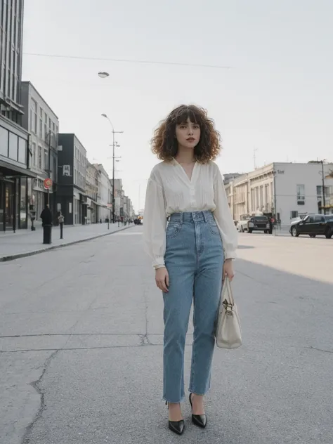 her name is Amelie, high quality, 1girl, ((25-year-old fit Caucasian woman)), ((25 years old)), ((BODY TYPE: HOURGLASS)), ((Curly Bangs)), pose: standing, wearing Well-dressed ULTRA MODERN Generation-Z modern wear VARIETY colored, BACKGROUND:  "Walking alo...