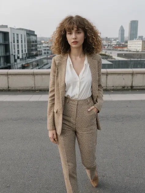 her name is Amelie, high quality, 1girl, ((25-year-old fit Caucasian woman)), ((25 years old)), ((BODY TYPE: HOURGLASS)), ((Curly Bangs)), pose: standing, wearing Well-dressed ULTRA MODERN Generation-Z modern wear VARIETY colored, BACKGROUND:  "Walking alo...