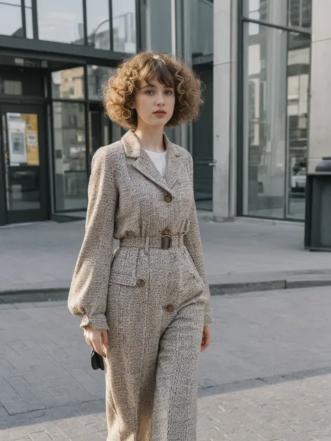 her name is Amelie, high quality, 1girl, ((25-year-old fit Caucasian woman)), ((25 years old)), ((BODY TYPE: HOURGLASS)), ((Curly Bangs)), pose: standing, wearing Well-dressed ULTRA MODERN Generation-Z modern wear VARIETY colored, BACKGROUND:  "Walking alo...