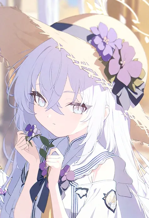   azusa (blue archive), 1girl alternate_costume bare_shoulders blurry cowboy_shot crossed_bangs depth_of_field dress facing_viewer flower grey_eyes hair_flower hair_ornament hat holding holding_flower long_hair off-shoulder_dress off_shoulder purple_flower...