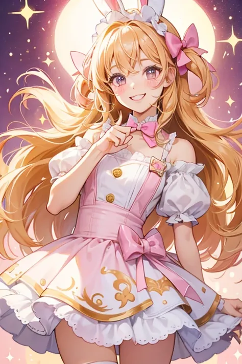 A vanilla GIRL bunny with caramel swirls on her. She has a winking face and thin-line smile. She has a pink nose to match her pink bow. SPARKLE; GLITTER