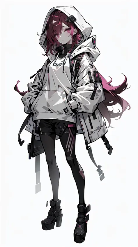 1 girl with red hair, pink eyes, cyberpunk style, hand in pocket, hoodie, pink starry background, black high heels