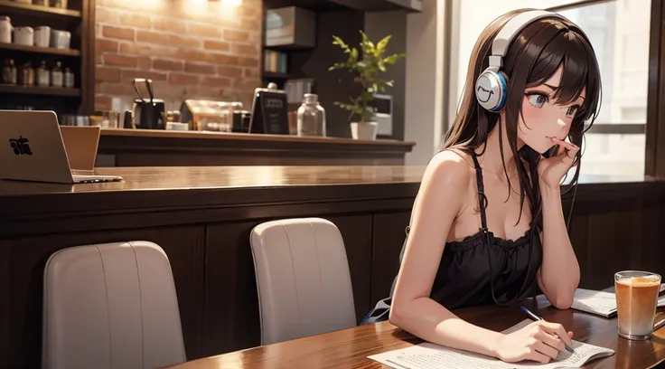 Girl with headphones enjoying music in a cafe　I am studying　Emphasize a little bit of the chest