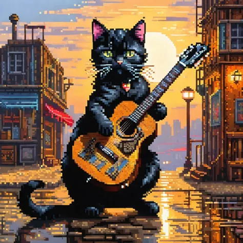 pixel art painting Acoustic guitar wild black cat, best quality, masterpiece, high details, Ultra intricate detailed,evening sun wasteland,