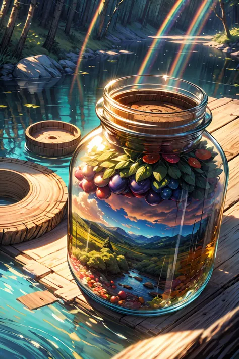 detailed, 8k, beautiful landscape with sunset in the forest and river, rainbow all inside a glass jar, with cork lid