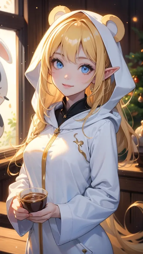 work of art, epic details, ultra detaild, best resolution, blonder woman, BEAUTIFUL ELF, rosto angelical, sculptural body, wearing white kigurumi pajamas with a panda bear hood, perfect hands, expression of happiness, Grinning, big simple smile, Scenario: ...