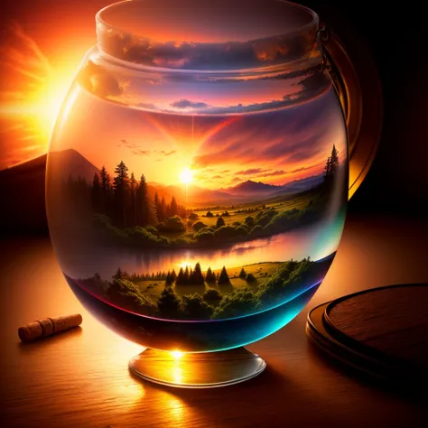 detailed, 8k, beautiful landscape with sunset in the forest and river, rainbow all inside a glass jar, with cork lid