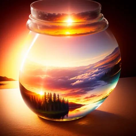 detailed, 8k, beautiful landscape with sunset in the forest and river, rainbow all inside a glass jar, with cork lid