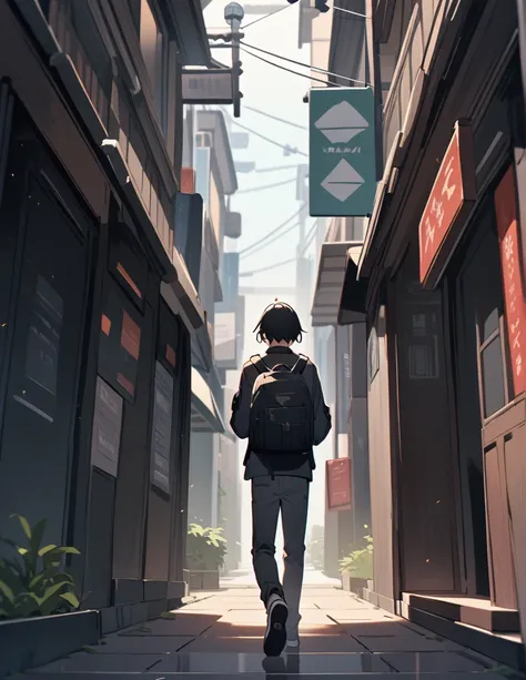 16-year-old teenage boy, long black long hair, wearing a dark blue  and prescription glasses, wearing silver earrings, with a backpack, walking alone and with his head down