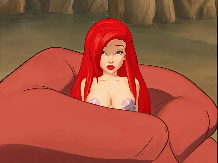 cartoon of a woman with red hair sitting in a red chair, jessica rabbit, katarina, redhead, katarina from league of legends, ariel the little mermaid, miss fortune league of legends, she has red hair, big tentacle sneak around, red haired goddess, she has ...