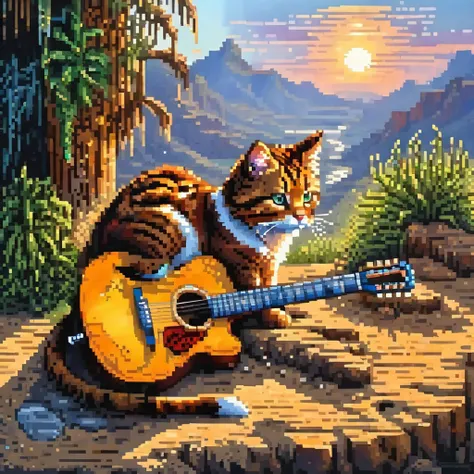 pixel art painting Acoustic guitar wild cat, best quality, masterpiece, high details, Ultra intricate detailed,evening sun wasteland,