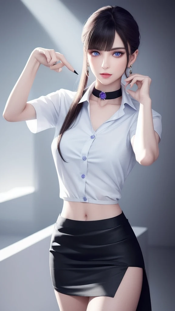 wax statue of a pretty female agent, prettiest facial features, making an elegant gesture, FBMP model pose, barefoot standing on a display base in a dark art gallery as a decoration object, (masterpiece, best quality, 1girl, solo, intricate details, chroma...