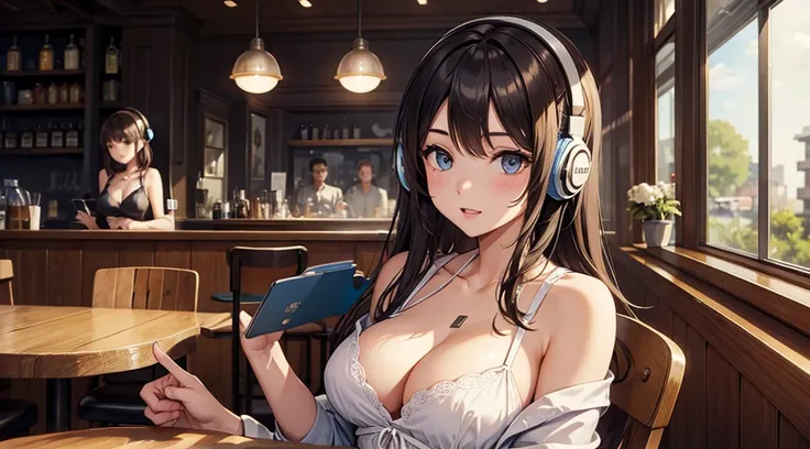 Girl with headphones enjoying music in a cafe　I am studying　Emphasize a little bit of the chest　Emphasize cleavage