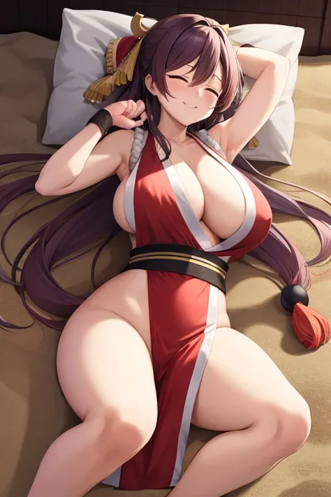 masterpiece, best quality, beautiful art, high resolution, well formed hands, body and fingers, 1 woman, solo, Nozomi Toujou ,adult, grown up,  cosplaying as Mai Shiranui , mai_shiranui_cosplay, adult, large and round breasted, cleavage, full body , hair r...