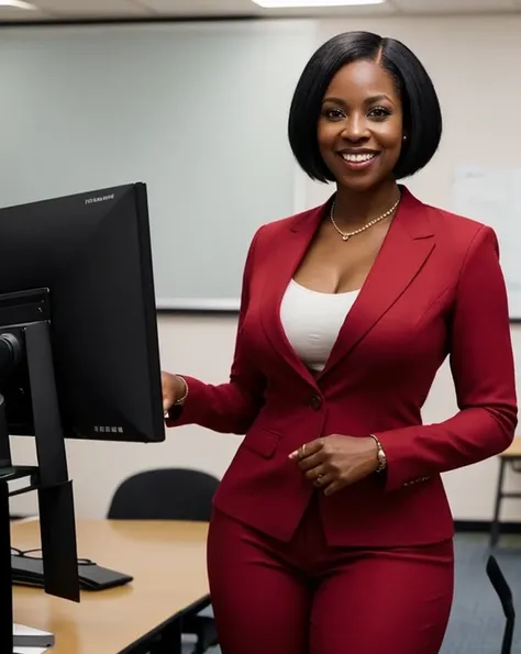 A captivating 4K cinematic portrait of a black woman (Mavis Beacon, teacher, age 31) with short hair in a tight crimson pantsuit in the computer college classroom, smile, cinematic, low key sexy thick thighs  standing pose  Photography (masterpiece, Super ...