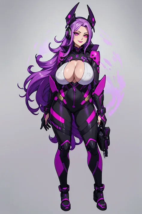 (masterpiece, best quality, high resolution,) a beautiful woman, ((huge breasts)), purple and yellow hair tied in dreadlocks, no hair,,, red lips, purple eyes, black sclera,, plug-in suit, suit full body purple pilot smug smile purple interface headphones,...