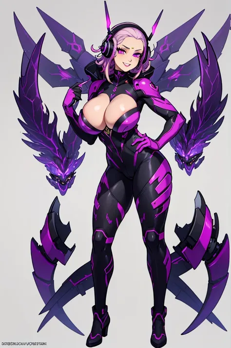 (masterpiece, best quality, high resolution,) a beautiful woman, ((huge breasts)), purple and yellow hair tied in dreadlocks, no hair,,, red lips, purple eyes, black sclera,, plug-in suit, suit full body purple pilot smug smile purple interface headphones,...