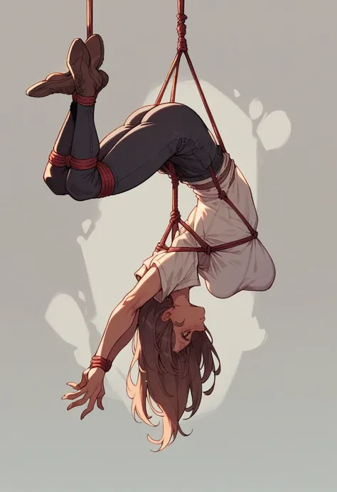 Woman hanging upside down rope