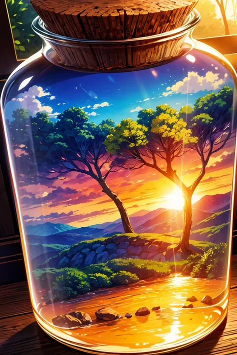 detailed, 8k, beautiful landscape with sunset in the forest and river, rainbow all inside a glass jar, with cork lid