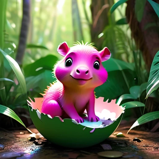 Interesting illustrations：Pink little dinosaur in a broken eggshell，Cute expression，Rainforest，dreamlike，Aesthetic  and bic cute cute capybara