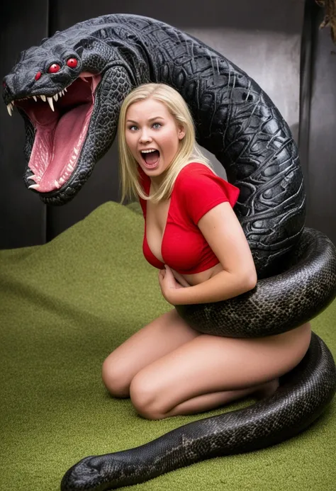  Happy Horny, aroused 1girl), beautiful blonde young teen girl  wearing red thong with  giant colossal  black titanboa monster squeezing her hard, wrapped in thick spiraling coils, constricted, struggle, gasping for air, snake attack, snake peril,