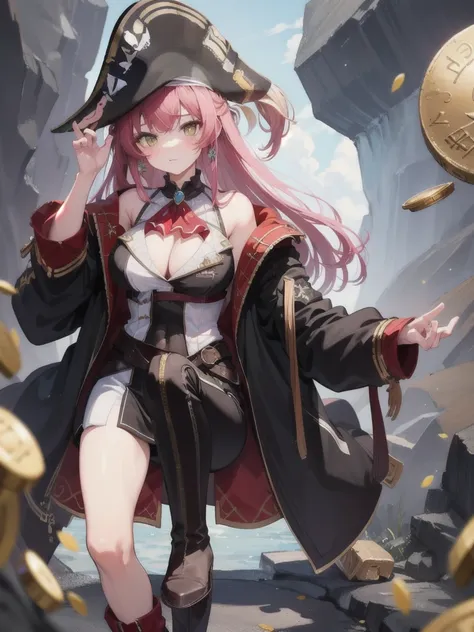 masterpiece, Highest quality, One girl, alone, a girl in pirate suit with Long Hair sitting on the treasure and coin in a cave, treasure, gem, gem, coin, Glitter, Long Hair, Pink Hair, Cleavage, Captain Hat, boots, Frills, Long coat, belt, Crossed_feet, Pr...