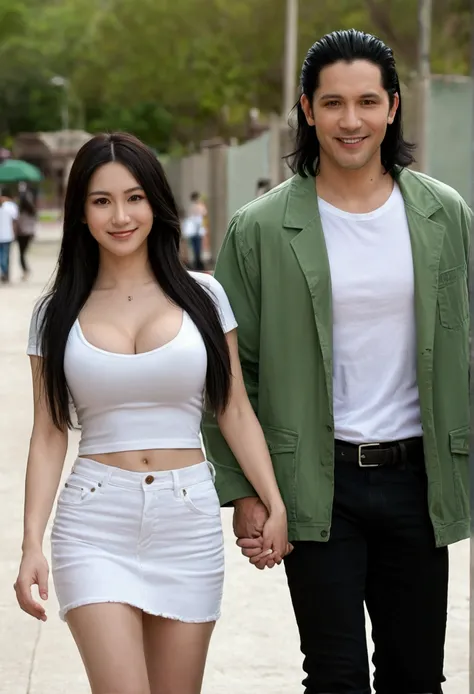 35 year old men and women, The man is very handsome with white skin, black hair and brown eyes., The man is wearing a green jacket and a white T-shirt, The man is wearing black jeans, The woman is very beautiful with white skin, long black hair and brown e...