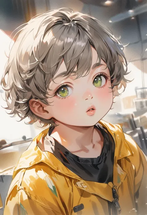 Portrait of a cute boy, 5~6 years old, ash gray hair, Short hair, large, dark green eyes, plump bow lips, bright yellow jumpsuit, realism, Watercolor, 4K, high detail