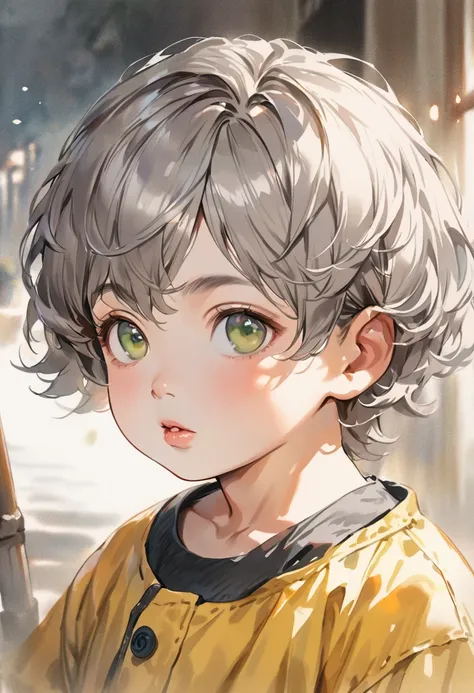 Portrait of a cute boy, 5~6 years old, ash gray hair, Short hair, large, dark green eyes, plump bow lips, bright yellow jumpsuit, realism, Watercolor, 4K, high detail