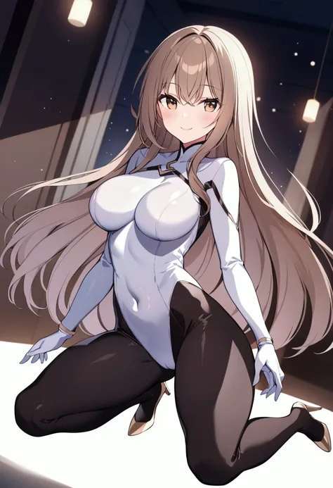 slender, mature female,rating:safe, 1girl, bodysuit, long_hair, brown_hair, brown_eyes, breasts, solo, blurry, looking_at_viewer, closed_mouth, covered_navel, bangs, depth_of_field, medium_breasts, blurry_background, hair_between_eyes, floating_hair, glove...