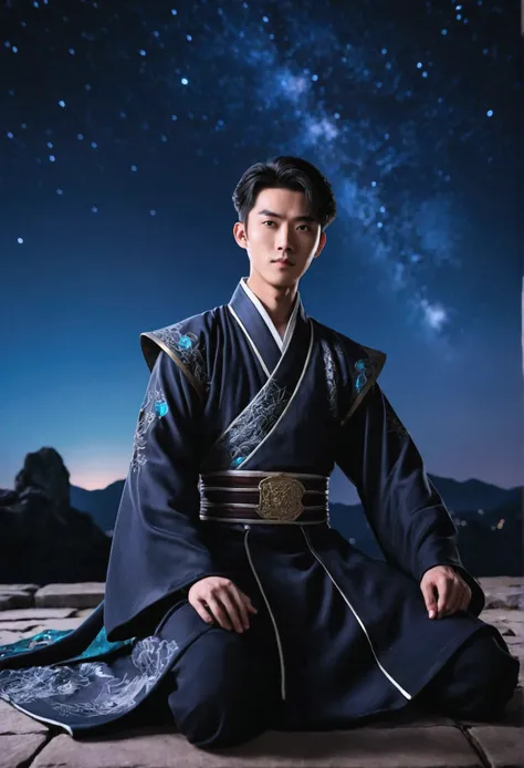 A twenty-year-old boy，Sword in hand，Chinese fantasy costumes，There is a person lying at my feet，Background is starry sky，Black vibe