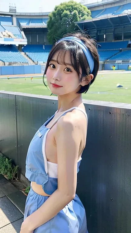 A cute Japanese woman wearing a light blue uniform、Short Bob、Headband、Wearing light blue bloomers、Athletics Stadium、Topless、From behind, face turned to the side、