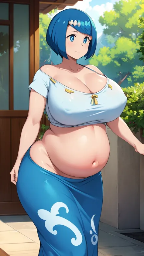 Sexy Hawaiian Girl, beautiful, Large Breasts, beautiful, Bright blue hair, Round Cut, Her blue eyes, She wears a white shirt, Showing your belly button, Blue long skirt. Huge Pregnancy ,Big belly , Belly protruding forward