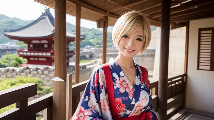 A lone courtesan broadcasts live from Himeji Castle.。Blonde Short Hair。Sexy smile、looking at the camera、front、yukata、Light clothing、Single