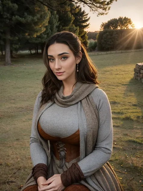 gorgeous and sultry busty athletic (thin) brunette peasant with sharp facial features wearing a modest updo, medieval hair cover...