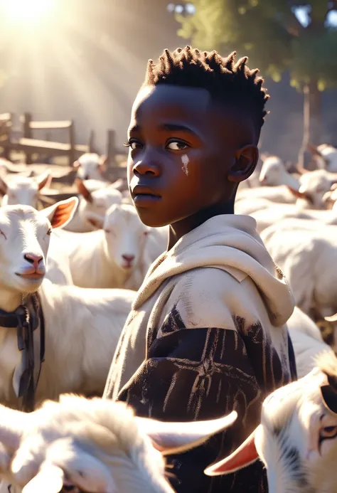 a black african boy in a farm of goats, goats eyes shining white, ethereal smoke covering the farm, white sun in background shin...