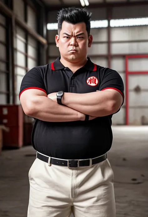 Cartoon man character in DRAGON BALL style, black short hair, fatter, offwhite, with factory background , in BLACK polo t-shirt with RED and WHITE details, with a satirical tone