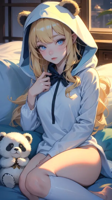 work of art, epic details, ultra detaild, best resolution, blonder woman, BEAUTIFUL ELF, rosto angelical, sculptural body, wearing loose, fuzzy white kigurumi pajamas with a panda bear hood, perfect hands, sleep expression, eyes locked, sleeping, Scenario:...