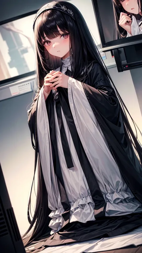 (masterpiece, highest quality, ultra high res, ultra detailed:1.3), 1 girl, slender body, full body, (black hair:1,4), very long straight hair, white simple dress, (bangs covered her face, bangs covered her both eyes:1.4), closed eyes, (crawling out from t...