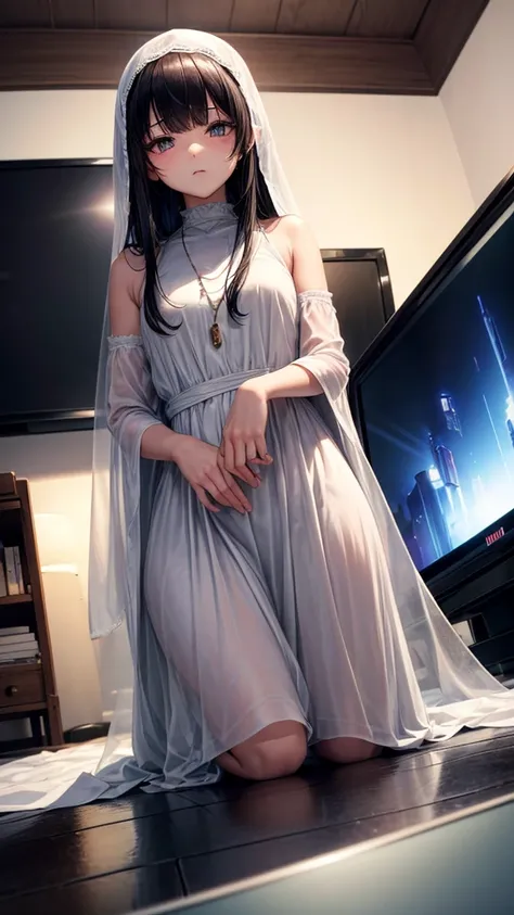 (masterpiece, highest quality, ultra high res, ultra detailed:1.3), 1 girl, slender body, full body, (black hair:1,4), very long straight hair, white simple dress, (bangs covered her face, bangs covered her both eyes:1.4), closed eyes, (crawling out from t...